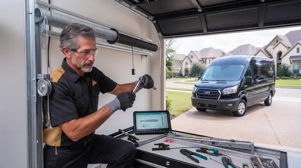 Garland garage door technician repairing cable and track system in residential garage