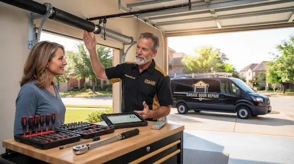 Experienced Garland garage door technician explaining repair options to homeowner during in-garage consultation