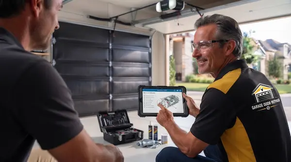 Senior garage door repair technician in Garland TX showing customer repair diagram on tablet