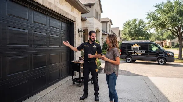 Garland garage door technician showing new garage door installation to homeowner outside home