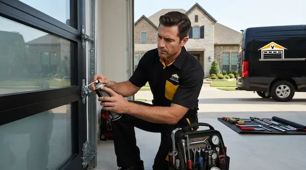 Garland garage door technician performing maintenance tune up and lubrication