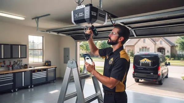 Garland garage door technician installing smart garage door opener with battery backup