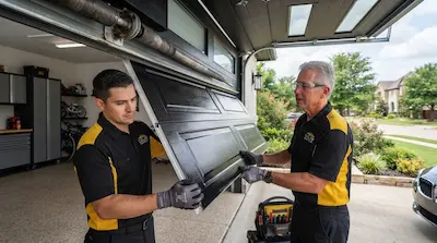 technicians replacing garage door panel in Garland TX