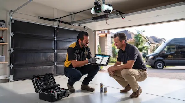 Garland garage door technician showing repair estimate on tablet to customer in garage