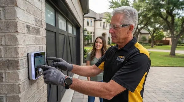 garage door technician setting up keypad for customer in Garland TX