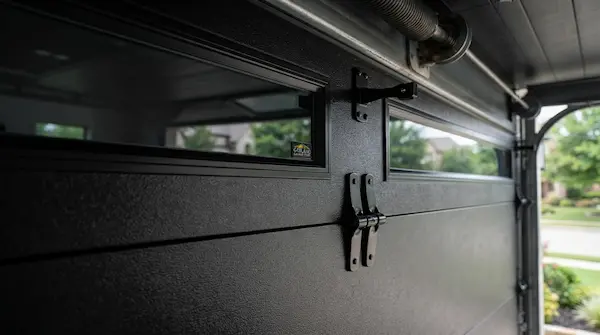 close up of garage door hinges and hardware repair in Garland TX
