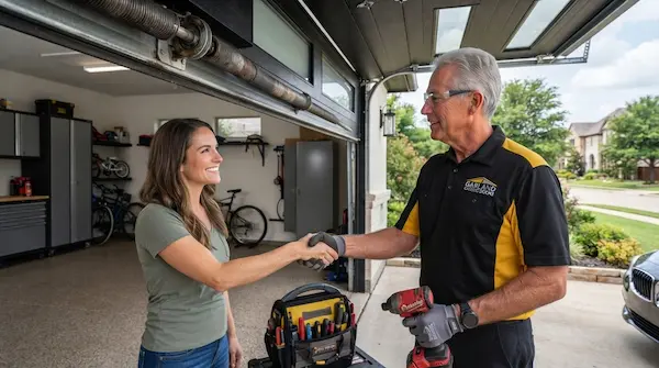 garage door technician shaking hands with happy customer in Garland TX