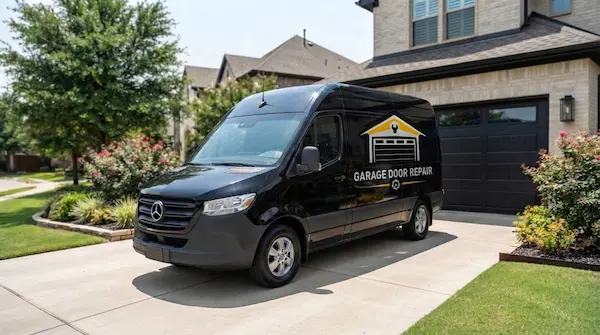 Garland Garage Door Repair service van parked at home in Garland TX