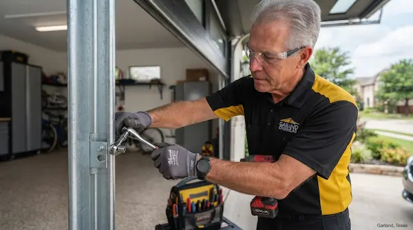 licensed garage door repair technician fixing door track in Garland TX