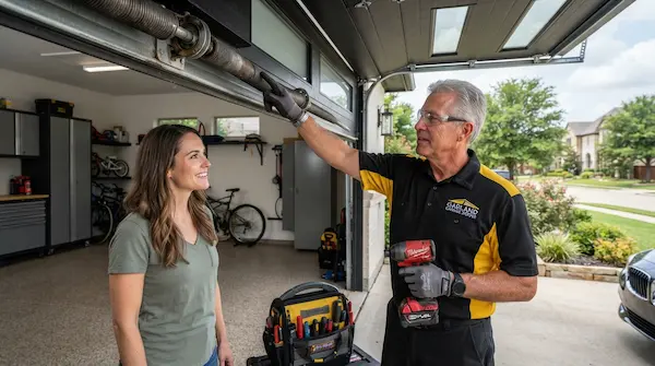 garage door technician explaining repair to homeowner in Garland TX