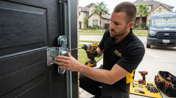 Garland garage door technician replacing rollers and hinges on residential garage door