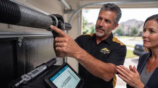 Garland garage door technician inspecting torsion spring and explaining repair to homeowner