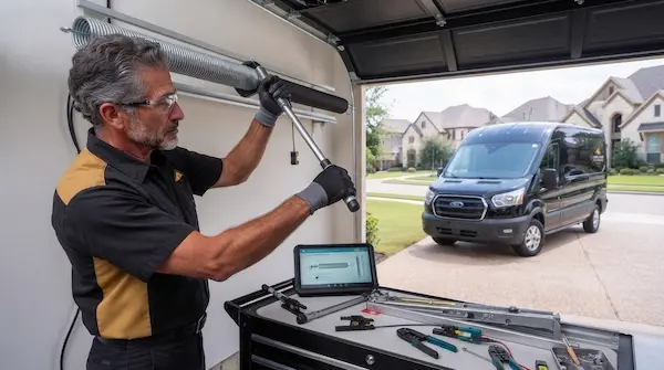 Garland garage door technician performing torsion spring repair in residential garage Garland garage door technician performing torsion spring repair in residential garage