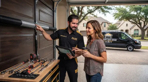 Certified garage door technician in Garland TX explaining torsion spring repair to homeowner