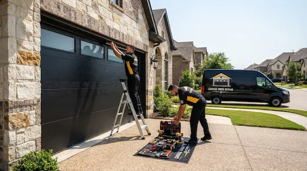 Garland garage door installation team installing new black garage door on home