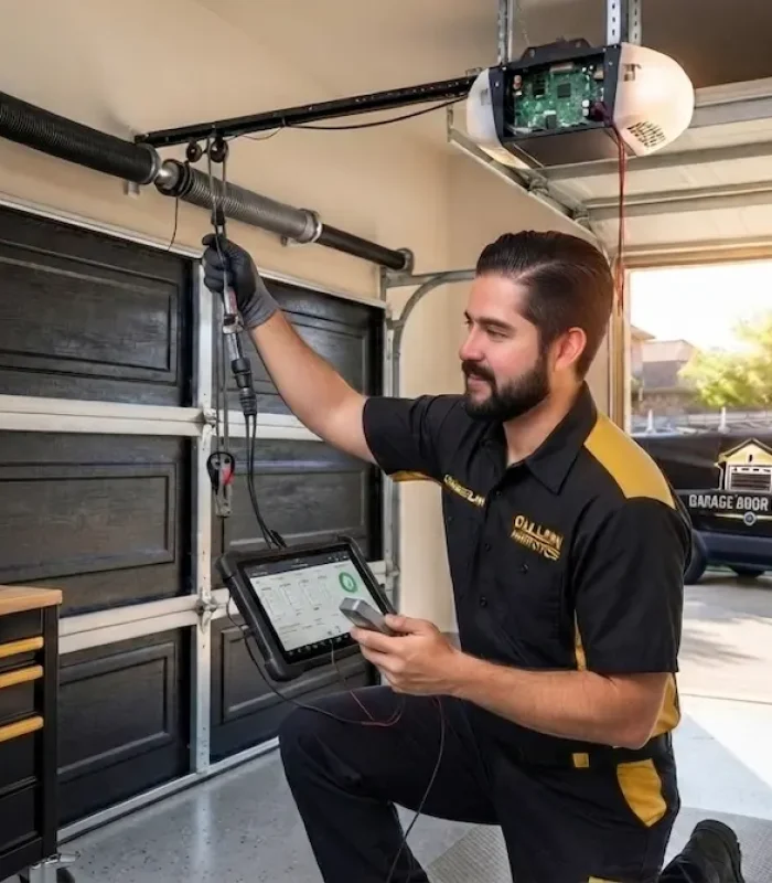 Garland garage door technician using diagnostic tablet to inspect garage door opener and torsion spring in residential garage