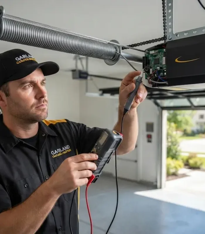 professional garage door technician in Garland TX testing garage door opener motor with multimeter